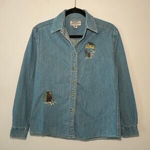Port Women's size Small Jean Cotton 90s Button Down Black Bear Embroidered Shirt